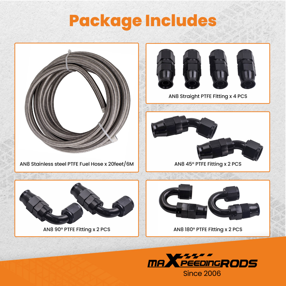 AN-8 AN8 Stainless Steel Fuel Line 20FT Fitting Hose End Ethanol Swivel Kit