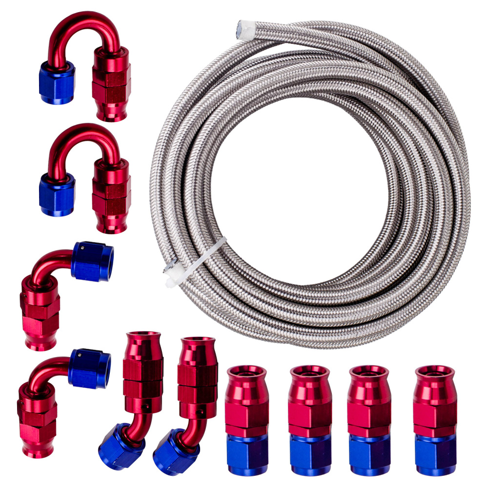 20FT 8AN AN8 PTFE Stainless Steel Braided Oil Gas Fuel Line + 10pcs Hose Kit