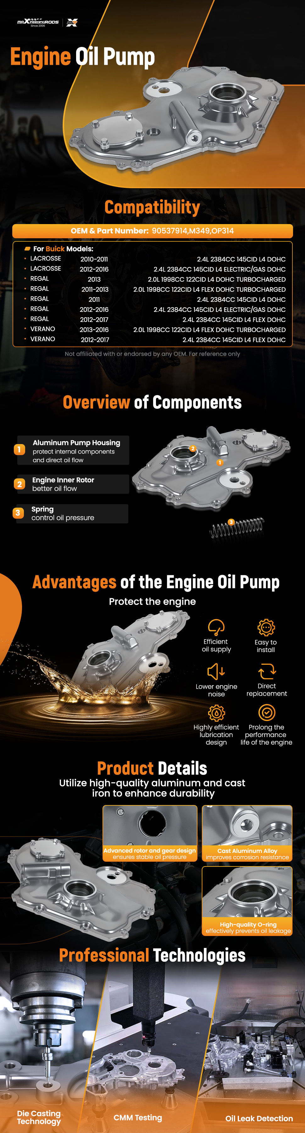 Engine Oil Pump compatible for Chevrolet Equinox GMC Terrain 2.4L 2010-2017 90537914 M349