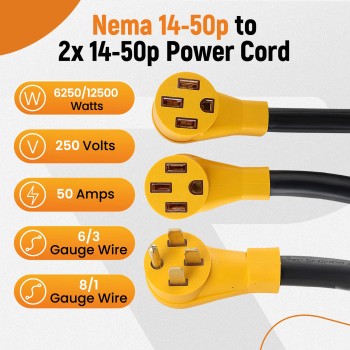 NEMA 14-50P to 2X 14-50R RV Adapter Power Cord 50 Amp Y Splitter,RV EV Charging