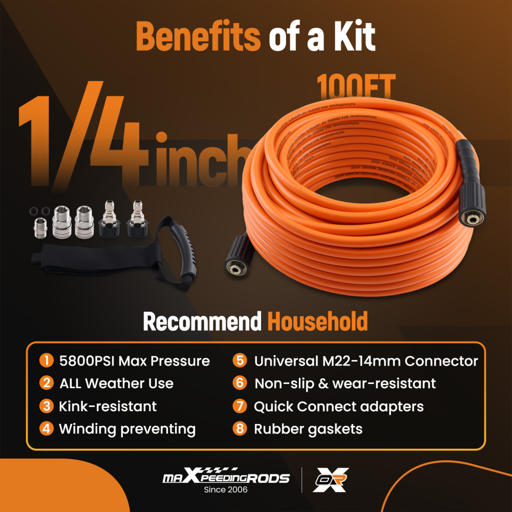 5800 PSI Pressure Washer Hose Super Flexible 1/4 M22-14MM Fittings