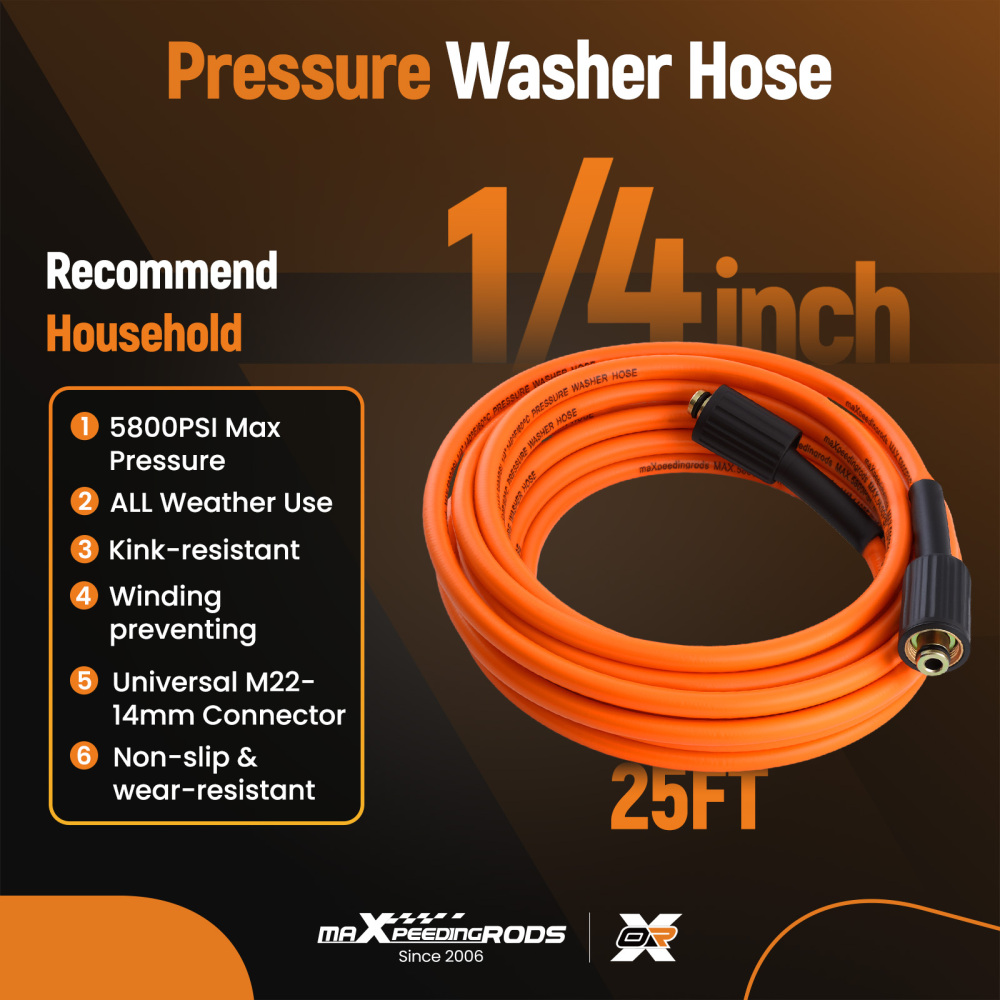 25 FT x 1/4 5800 MAX PSI High Pressure Washer Replacement Hose Extension Hose