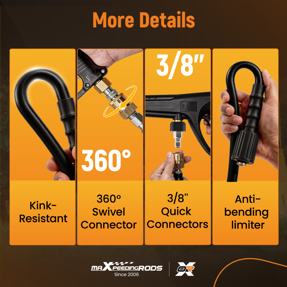 50ft 3/8 Pressure Washer Hose 4200PSI M22 Quick Connect Kink Resistant
