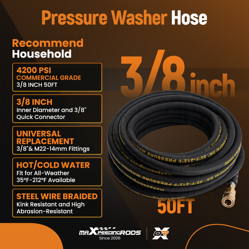 50ft 3/8 Pressure Washer Hose 4200PSI M22 Quick Connect Kink Resistant