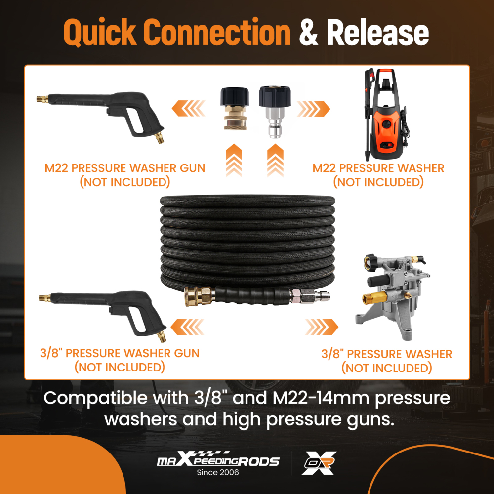 50ft 3/8 Pressure Washer Hose 4200PSI M22 Quick Connect Kink Resistant