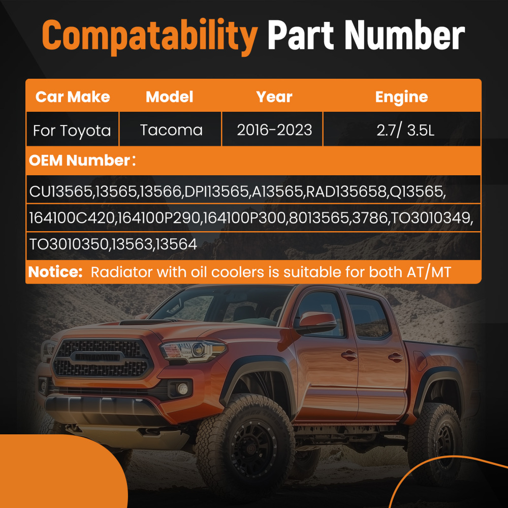 Engine Coolant Radiator Assembly compatible for Toyota Tacoma 2.7 3.5L CU13565 2016 - 2023
