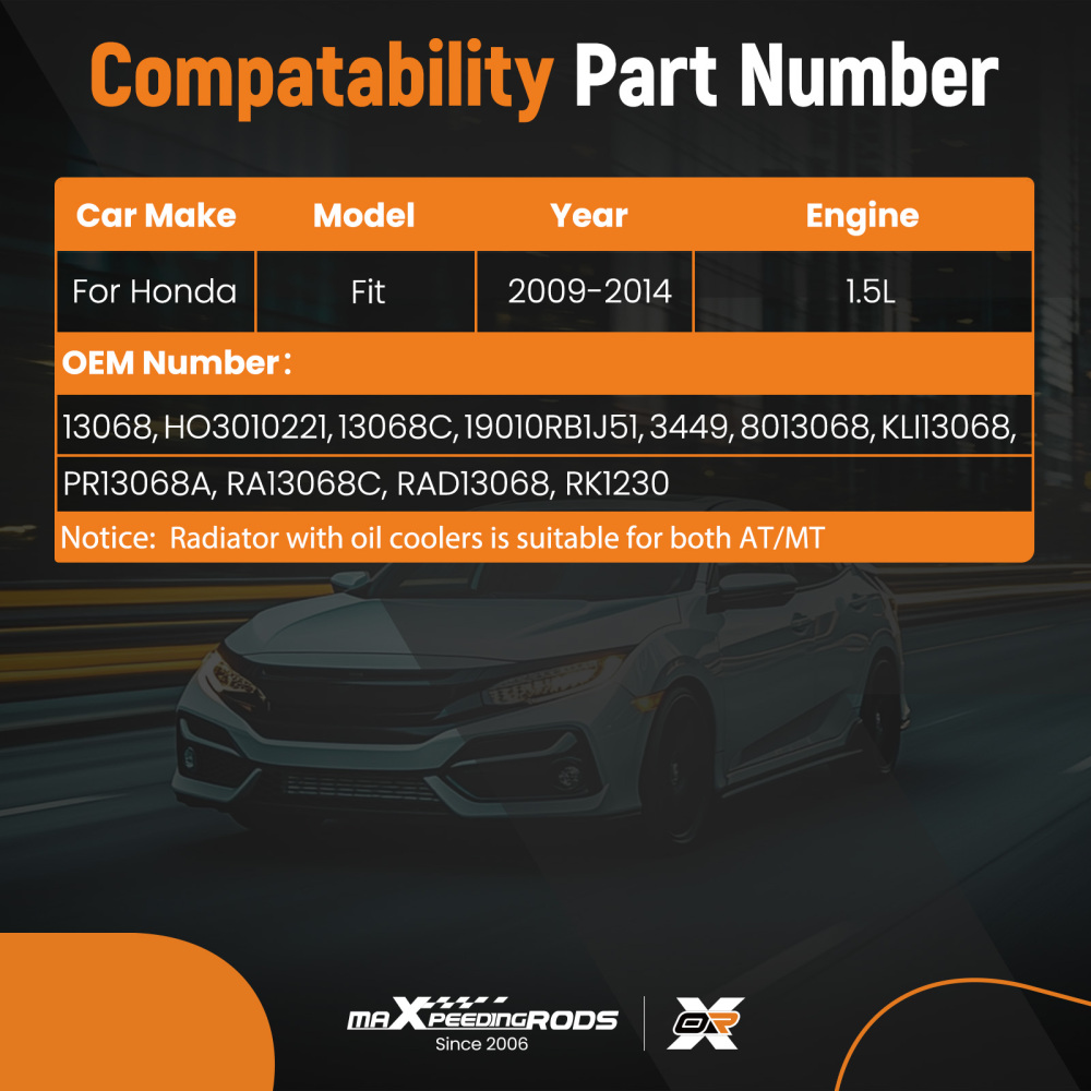 Aluminum Radiator compatible for Honda Fit 1.5L 2009-2014 19010RB1J51 8013068 RK1230 1PC