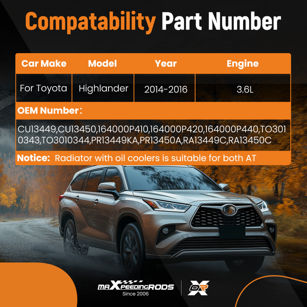 Aluminum Core Radiator compatible for Toyota Highlander 3.5L 2.7L 2014-2016 164000P440 AT