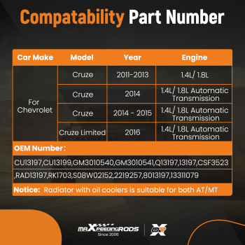 Engine Coolant Radiator compatible for Chevrolet Cruze 2014 1.4L 1.8L CU13197 CU13199