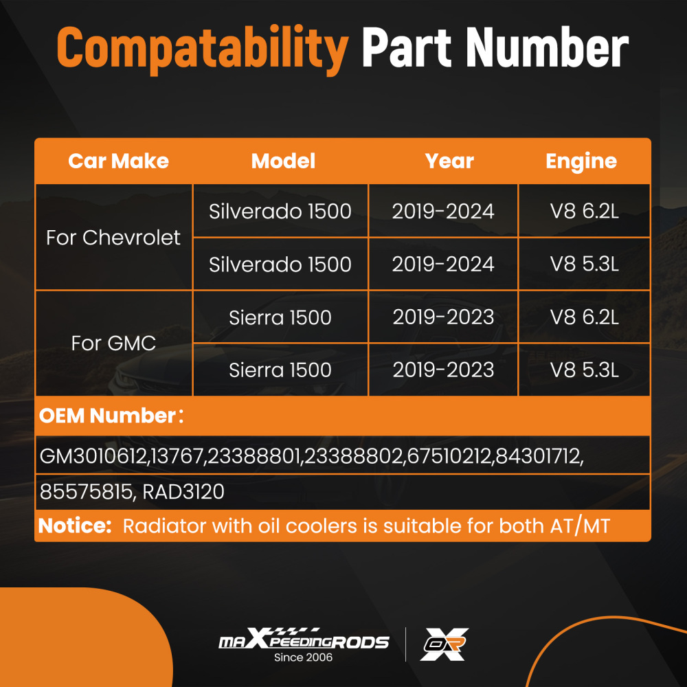 Radiator compatible for Chevy Silverado 1500 compatible for GMC Sierra 1500 5.3L 6.2L 2019-24 23388801