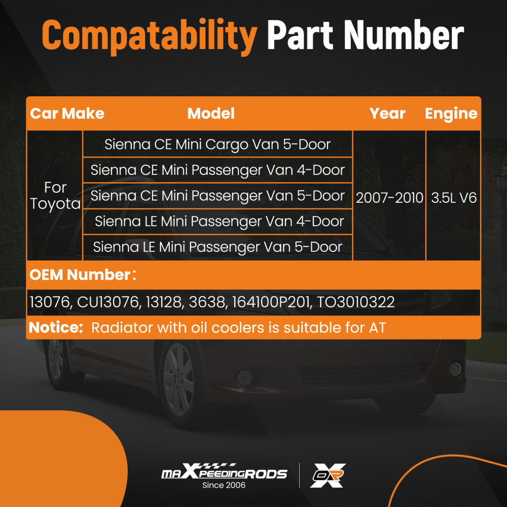 Aluminum Coolant Radiator compatible for Toyota Sienna 2007-2010 160410P200 3638