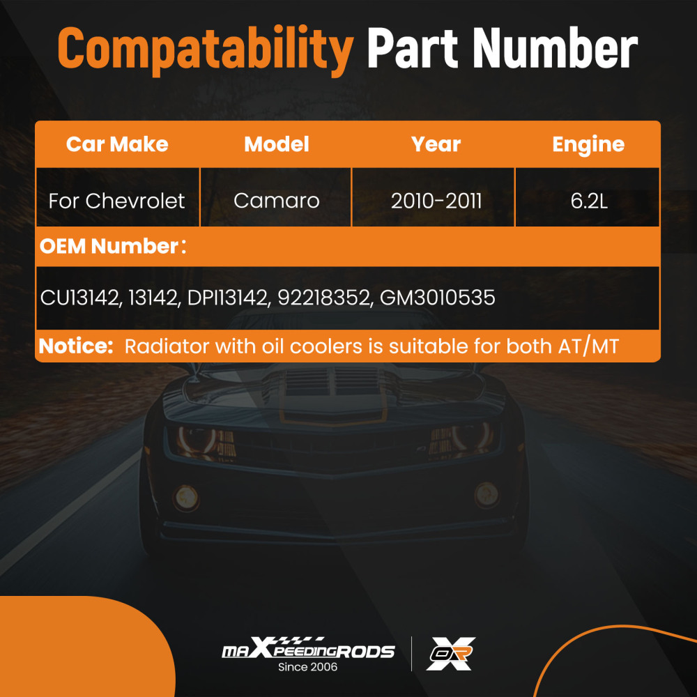 Radiator compatible for CHEVROLET CAMARO 2010-2011 6.2L CU13142 13142 DPI13142 92218352