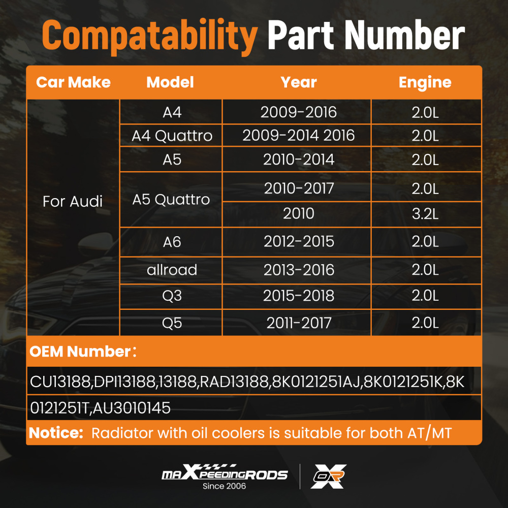 Aluminum Core Radiator compatible for Audi A4 2.0L 2009-2016 CU13188 8K0121251AJ 1PC