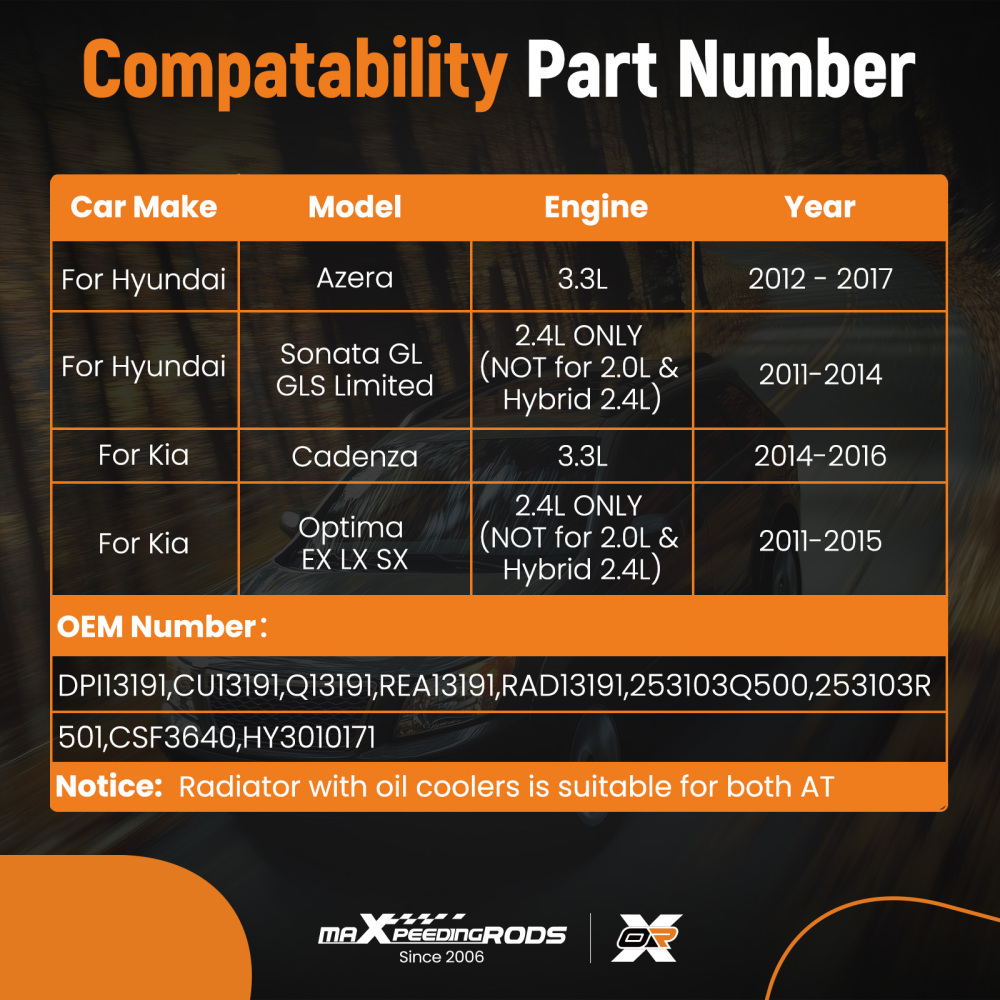 Aluminum Core Radiator compatible for Kia Optima 2.4L 2011-2015 RAD13191 253103Q500