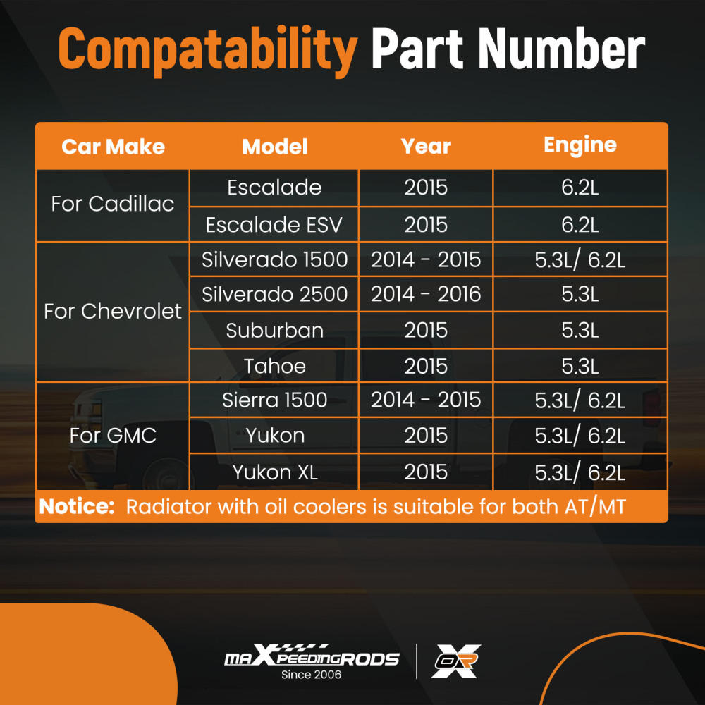 Radiator For 2014-2015 compatible for Chevrolet Silverado 1500 5.3L or 6.2L CU13398 CU13397