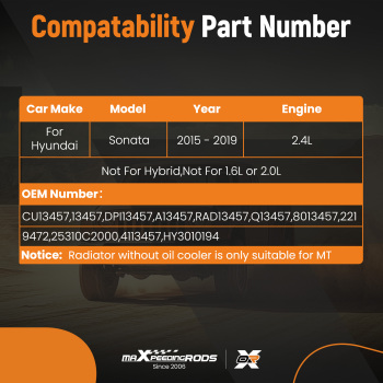 Aluminum Core Radiator compatible for Hyundai Sonata 2.4L 2219472 8013457 2015 - 2019