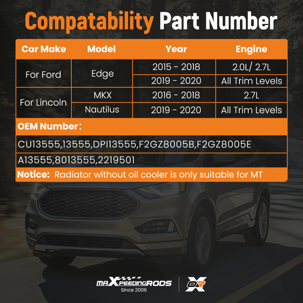 Aluminum Radiator compatible for Ford Edge 2015-2018 compatible for Lincoln Nautilus 2019-2020 2.7L 2.0L