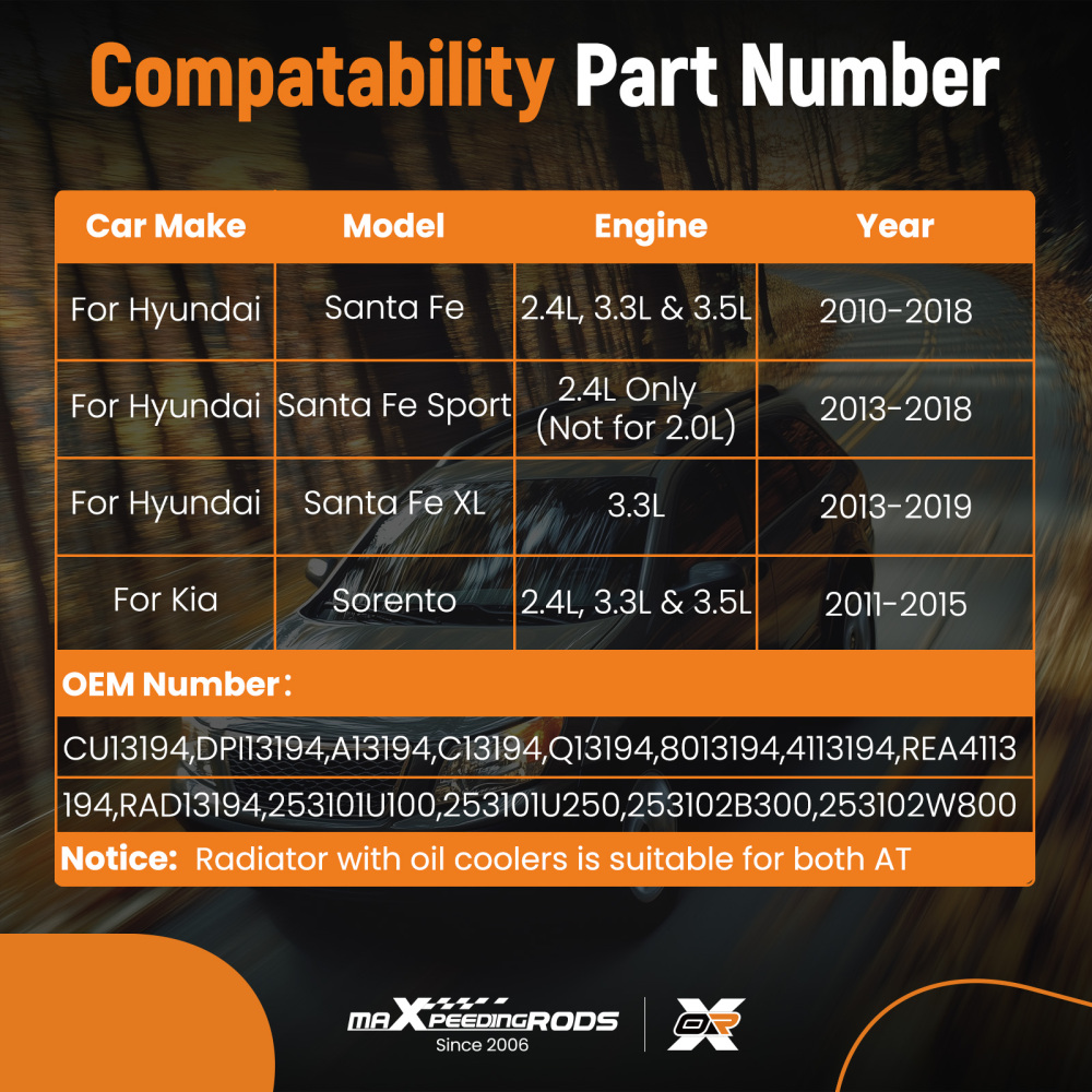 Engine Radiator compatible for Hyundai Santa Fe compatible for Kia Sorento 2010-2019 RAD13194
