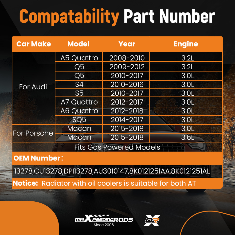2 Row AT Radiator compatible for Audi A5 Q5 S4 S5 A6 A7 Macan 2008-2018 13278
