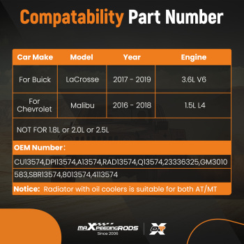 Engine Coolant Radiator Assembly For 2017 - 2019 compatible for Buick LaCrosse 3.6L V6 CU13574