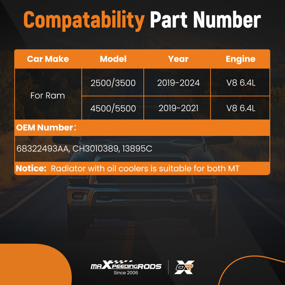 Radiator for 19-22 compatible for Ram 2500/3500 6.4L Regular/Crew/Mega Cab 68322493AA