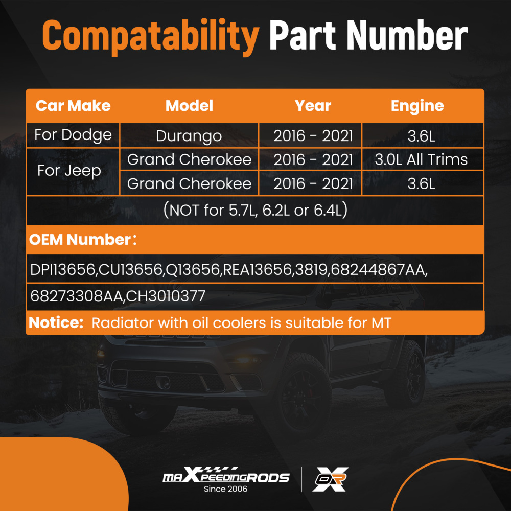 Aluminum Radiator for Grand Cherokee 3.0L/3.6L 2016-2021 CU13656 DPI13656