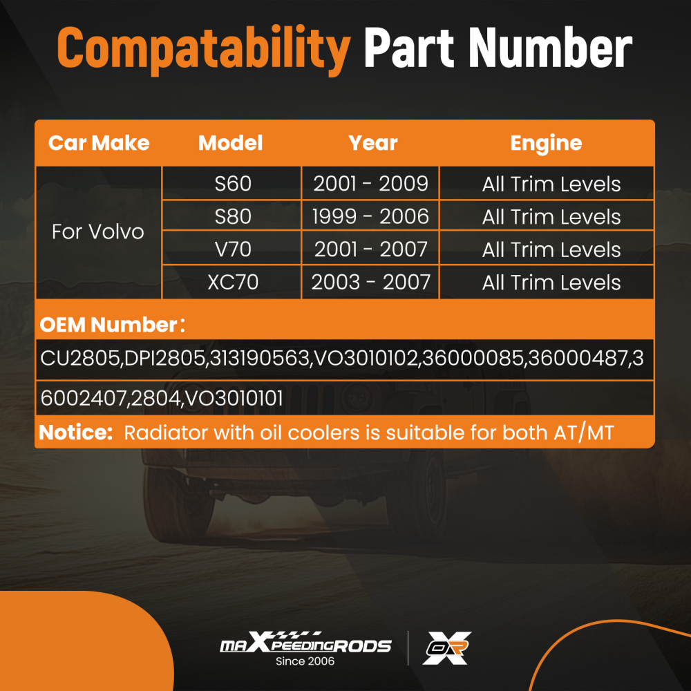 Radiator compatible for Volvo S60 2001 - 2009 All Trim Levels CU2805 DPI2805 313190563