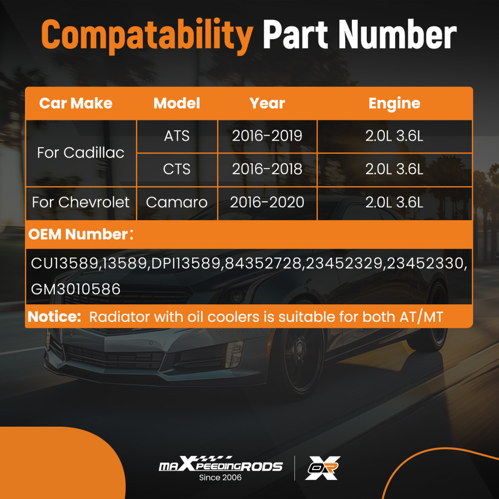 Aluminum Cooling Radiator compatible for Chevrolet Camaro 2016-2020 GM3010586 AT/MT