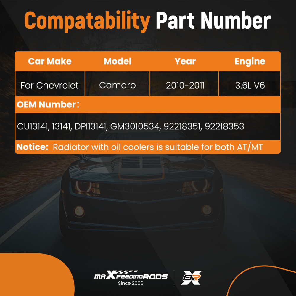 Radiator compatible for Chevrolet Camaro 3.6L V6 2010-2011 CU13141 13141 DPI13141 GM3010534