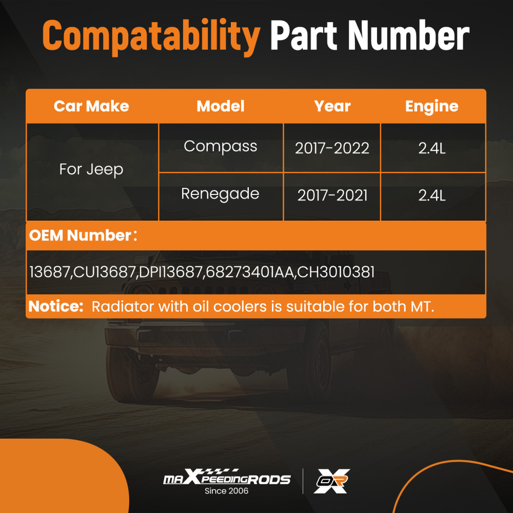 Radiator compatible for Jeep Compass 2017-2022 2.4L / Renegade 2017-2021 CU13687Aluminum