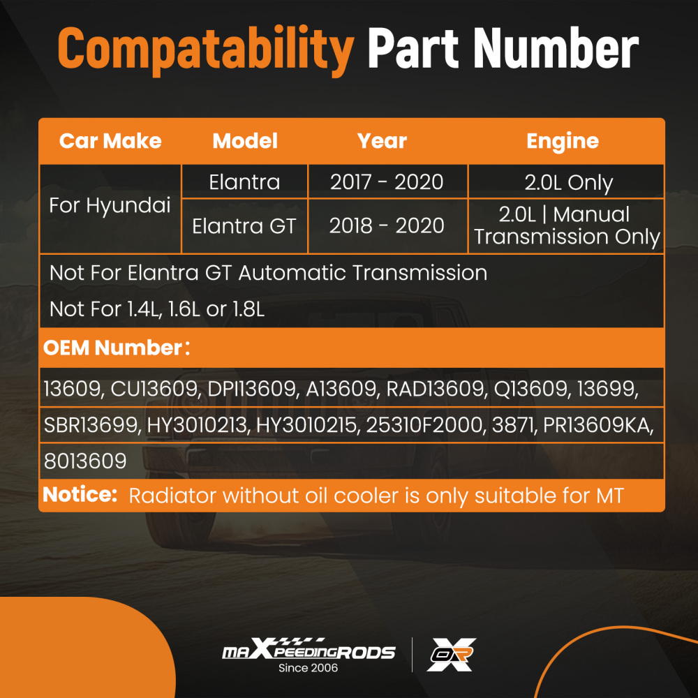Engine Coolant Radiator Assembly compatible for Hyundai Elantra 2.0L Only 2017-2020 13609