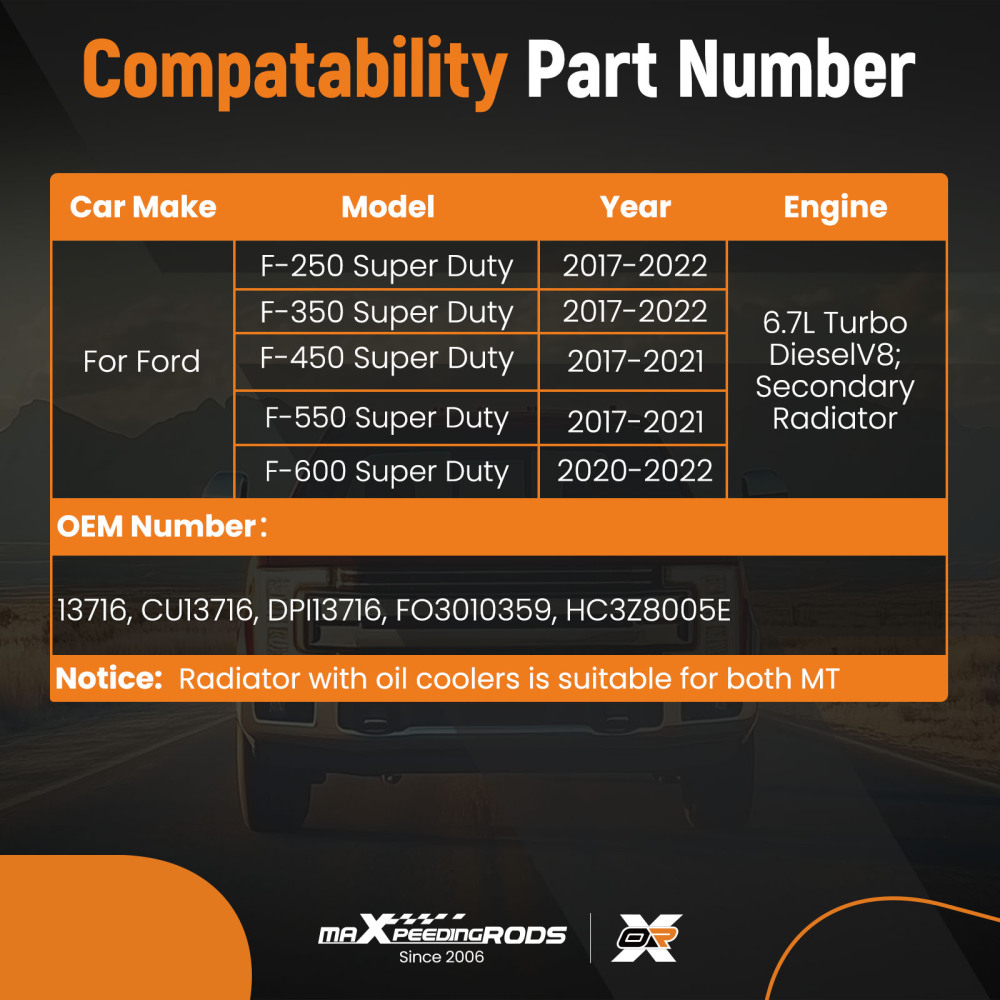 Radiator compatible for Ford F-250 Super Duty 6.7L Turbo Diesel V8 2017-2022 CU13716 13716
