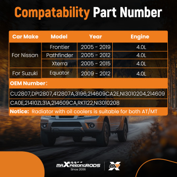 Radiator compatible for Nissan Frontier 4.0l2005 - 2019 Cu2807 DPI2807 412807A 3196