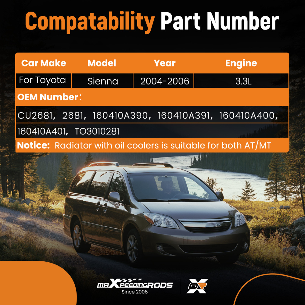 Radiator compatible for Toyota Sienna 3.3L 2004-2006 CU2681 160410A390 160410A391 2681
