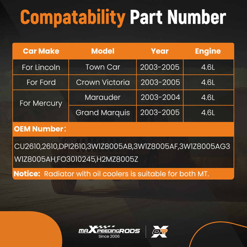 Aluminum Core Radiator compatible for Lincoln Town Car Crown Victoria 4.6L CU2610 2003-2005