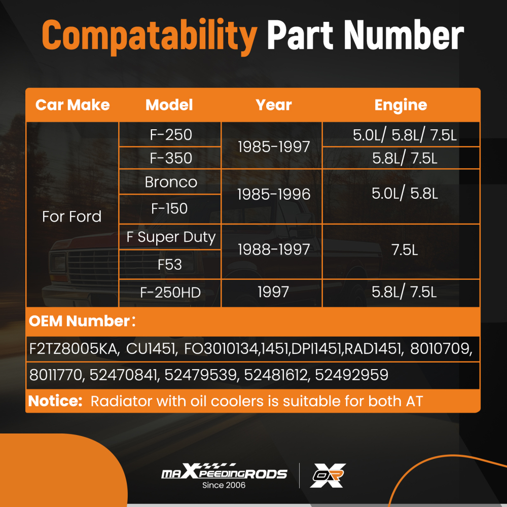 2 Row Aluminum Radiator compatible for Ford F-250 F-350 Bronco F-150 85-97 5.0L F2TZ8005KA