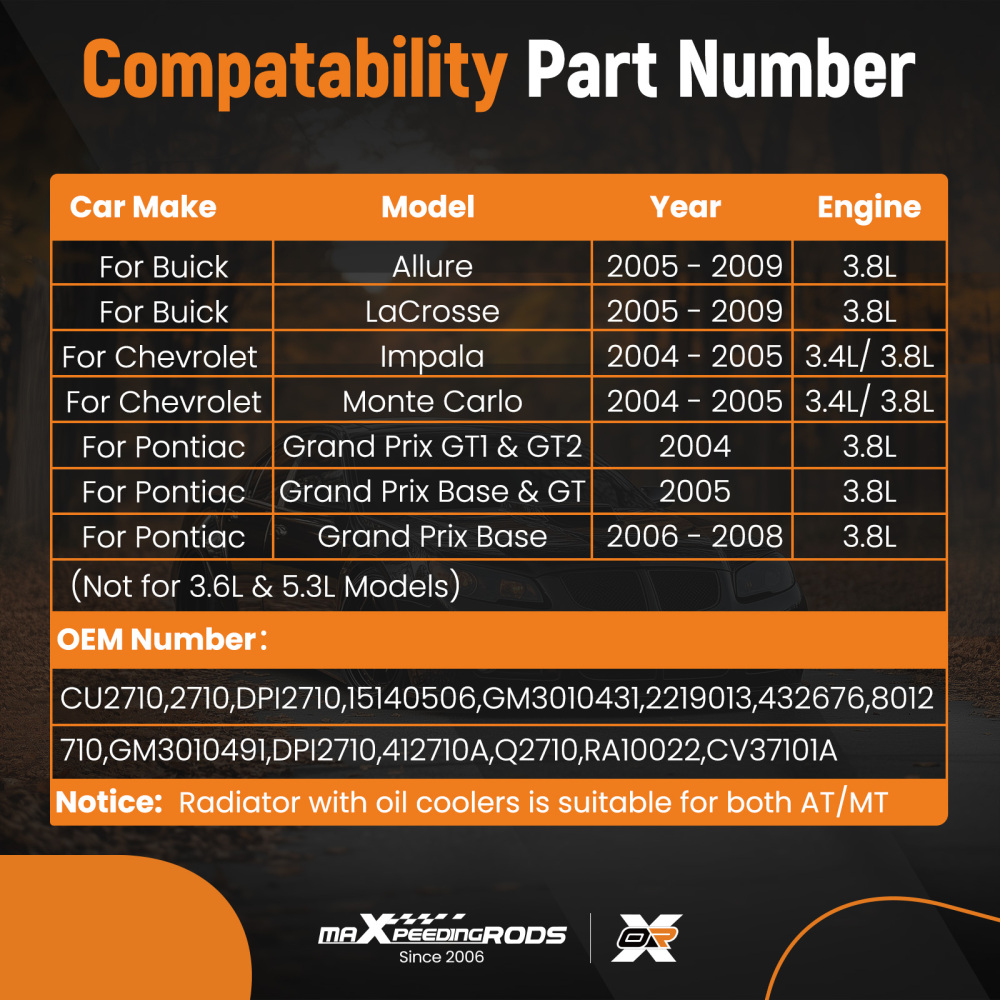 Aluminum Coolant Radiator compatible for Chevy Monte Carlo 3.4L 3.8L 2004-2005 2710