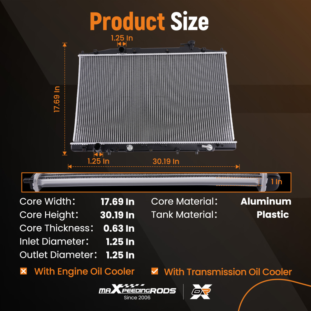 Aluminum Core Radiator compatible for Honda Odyssey 2011-2017 4113208 With Trans Cooler