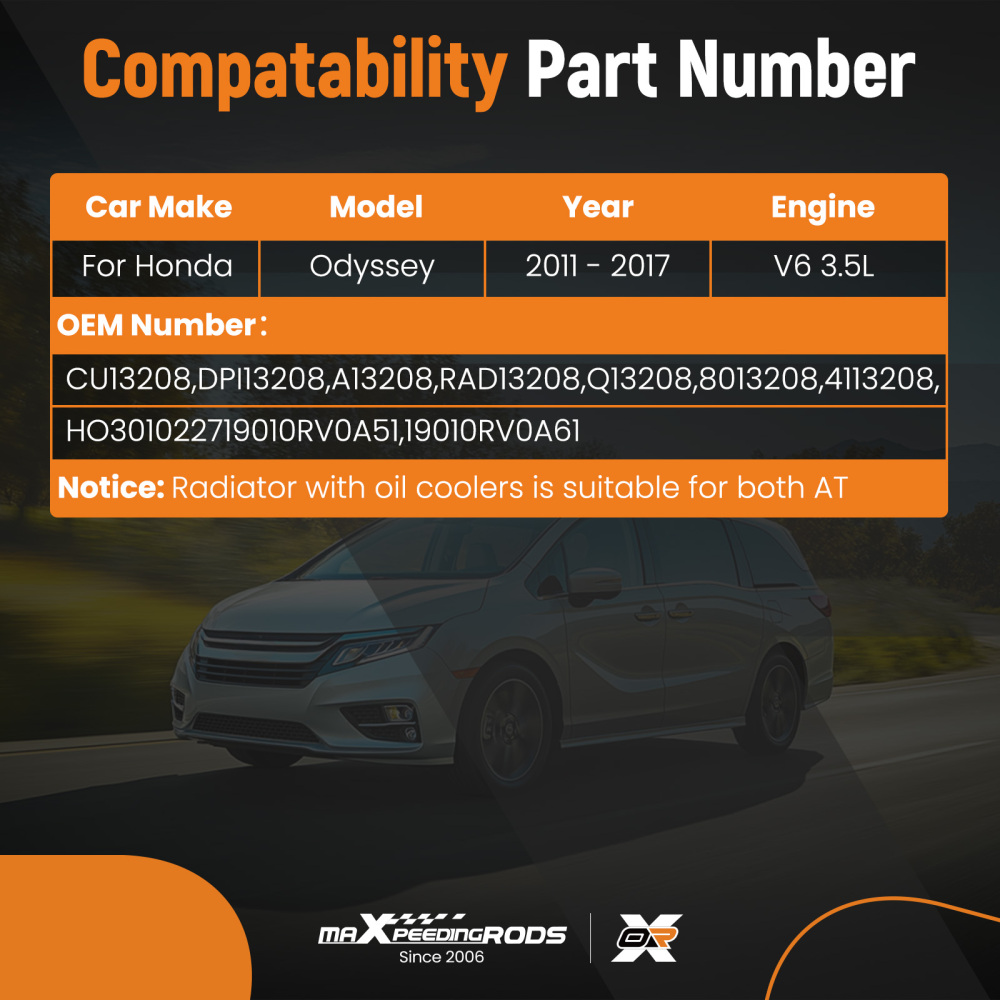Aluminum Core Radiator compatible for Honda Odyssey 2011-2017 4113208 With Trans Cooler