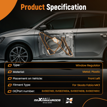 1x Front Left Window Regulator compatible for Skoda Fabia MK3 Estate 2014-2022 6V0837461A