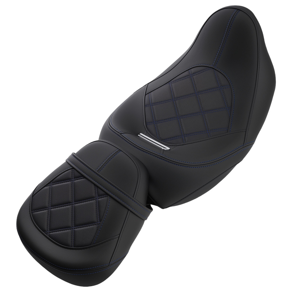 Black Blue PU Leather compatible for Seat Set compatible for Harley Touring 2009-2024 Driver Passenger