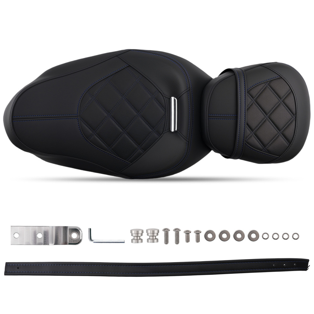 Black Blue PU Leather compatible for Seat Set compatible for Harley Touring 2009-2024 Driver Passenger