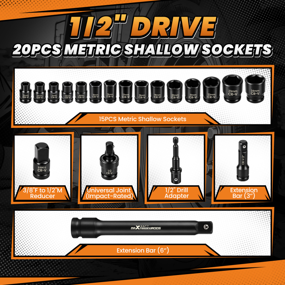 1/2-Inch Drive Shallow Impact Socket Set, Metric 10mm-24mm, 6-Point CR-V Sockets with Extension Bar, Universal JointsDrill Adapter, 20-Piece