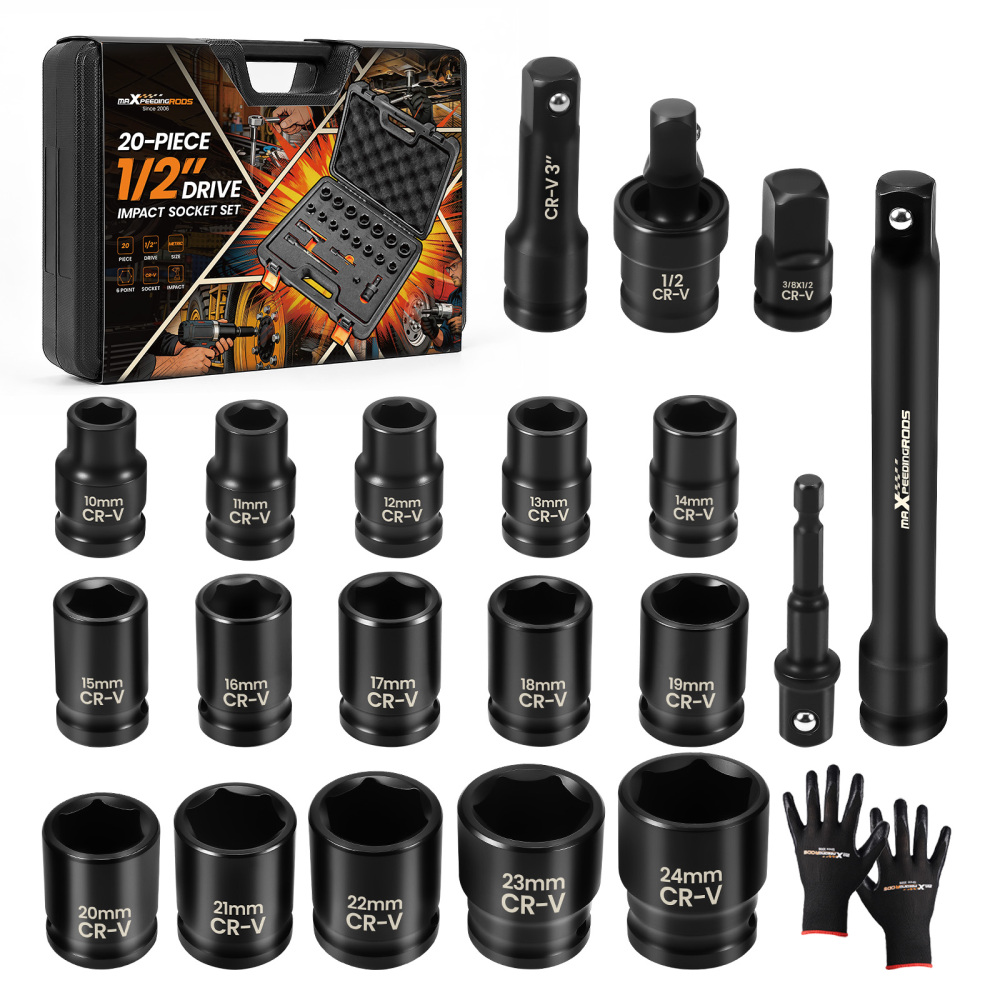1/2-Inch Drive Shallow Impact Socket Set, Metric 10mm-24mm, 6-Point CR-V Sockets with Extension Bar, Universal JointsDrill Adapter, 20-Piece