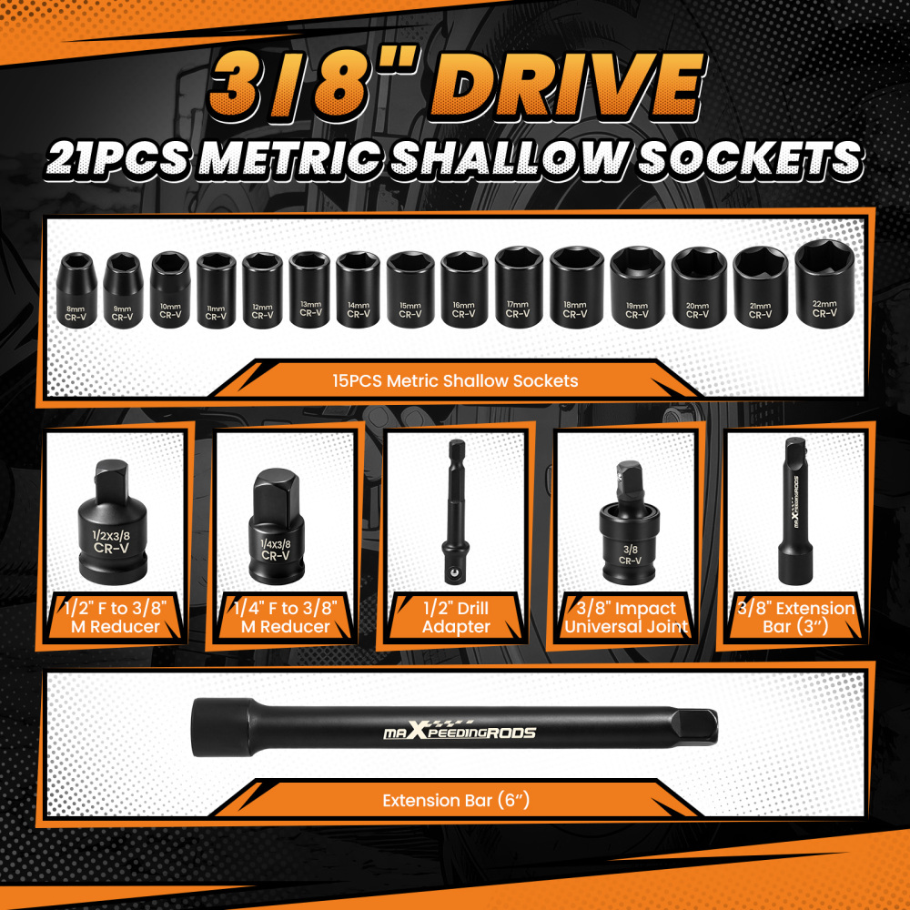 21-Piece 3/8-Inch Drive Shallow Impact Socket Set, Metric 8mm-22mm, 6-Point CR-V Sockets with Extension Bar, Universal JointsDrill Adapter