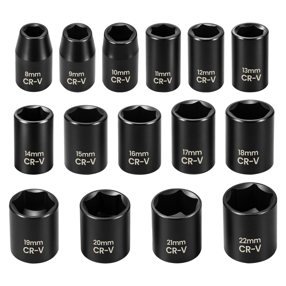 21-Piece 3/8-Inch Drive Shallow Impact Socket Set, Metric 8mm-22mm, 6-Point CR-V Sockets with Extension Bar, Universal JointsDrill Adapter