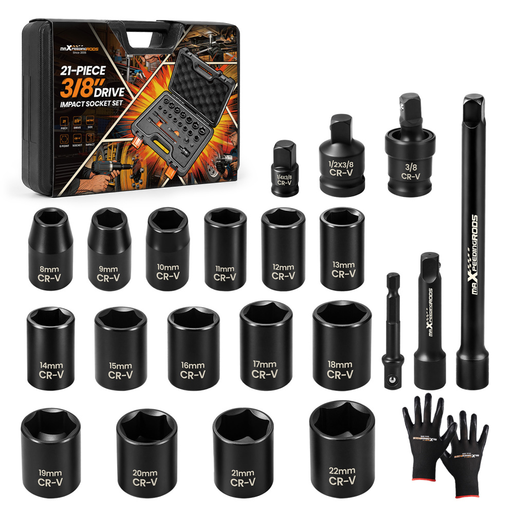 21-Piece 3/8-Inch Drive Shallow Impact Socket Set, Metric 8mm-22mm, 6-Point CR-V Sockets with Extension Bar, Universal JointsDrill Adapter