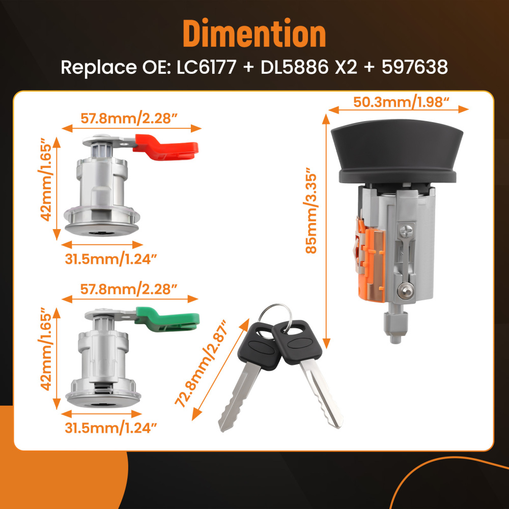 Ignition Switch Lock Cylinder + Pair (2) Door Lock Cylinder W/2 Keys compatible for Ford