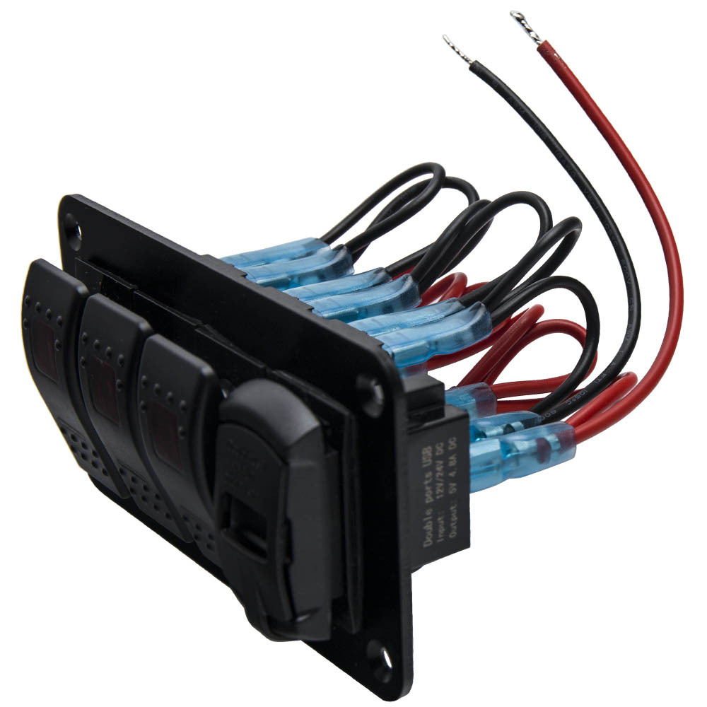 4 Gang Red LED Toggle Rocker Switch Panel w/ USB for Car Boat Marine RV Truck