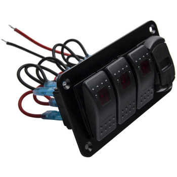 4 Gang Red LED Toggle Rocker Switch Panel w/ USB for Car Boat Marine RV Truck